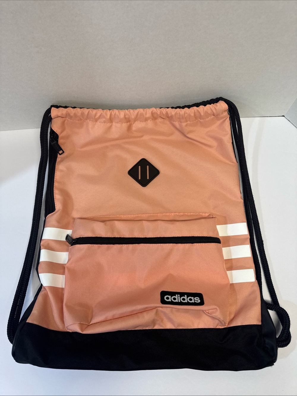 Adidas Drawstring Backpack Gym Bag Peach/Black 3 Stripe Zip Pocket